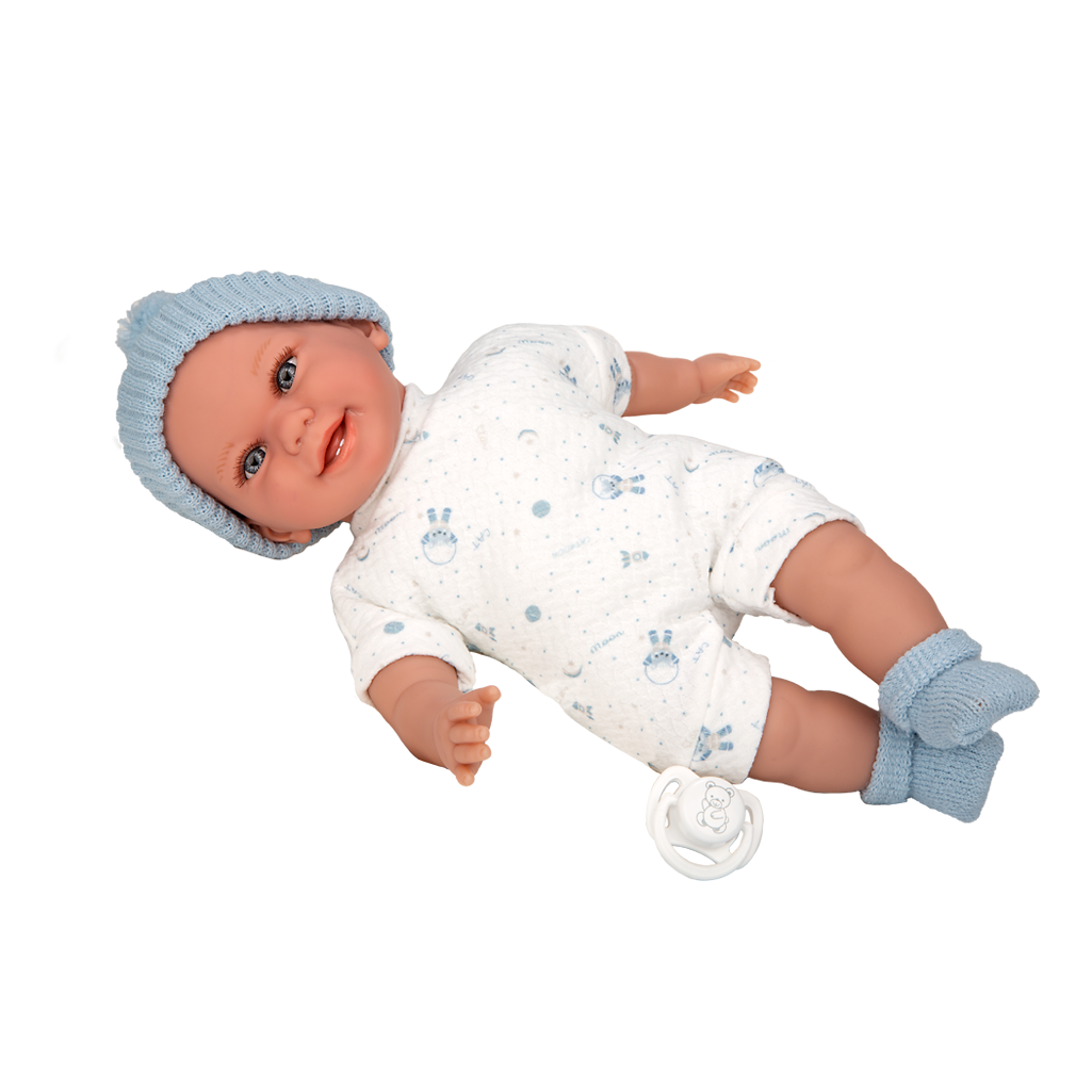 Arias kūdikėlis su garsu, su žydra kepuryte, 34 cm 1 Arias kūdikėlis su garsu, su žydra kepuryte, 34 cm 1