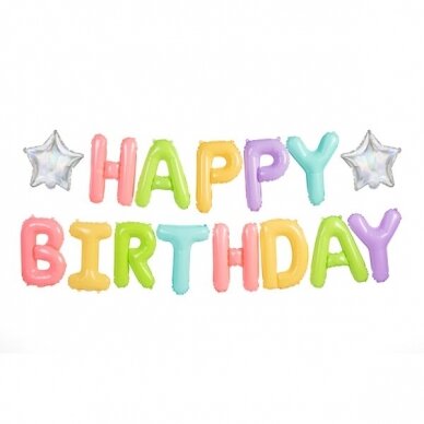 Foliniai balionai "HAPPY BIRTHDAY" margi pasteliniai Foliniai balionai "HAPPY BIRTHDAY" margi pasteliniai