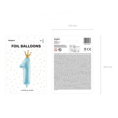 Folinis balionas "1 su karūna" melsvas, 90cm 3