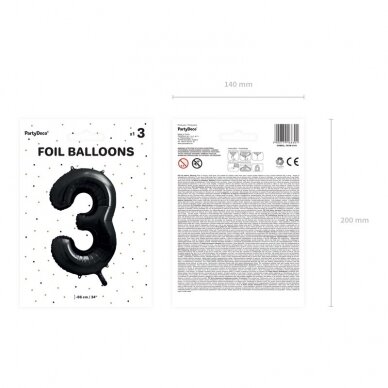 Folinis balionas "3" juodas, 86 cm 2 Folinis balionas "3" juodas, 86 cm 2