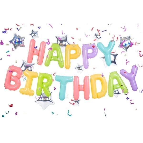 Foliniai balionai "HAPPY BIRTHDAY" margi pasteliniai 2 Foliniai balionai "HAPPY BIRTHDAY" margi pasteliniai 2