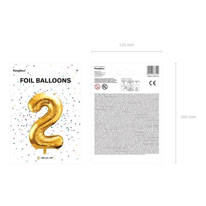 Folinis balionas "2" auksinis, 86 cm 2 Folinis balionas "2" auksinis, 86 cm 2