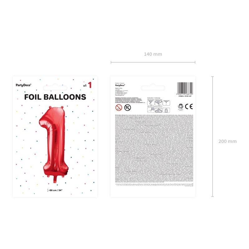 Folinis balionas "1" raudonas, 86 cm 3 Folinis balionas "1" raudonas, 86 cm 3