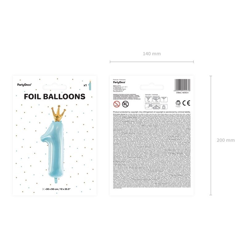 Folinis balionas "1 su karūna" melsvas, 90cm 3 Folinis balionas "1 su karūna" melsvas, 90cm 3