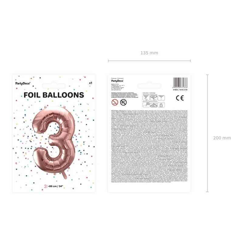 Folinis balionas "3" rožinio aukso, 86 cm 2 Folinis balionas "3" rožinio aukso, 86 cm 2