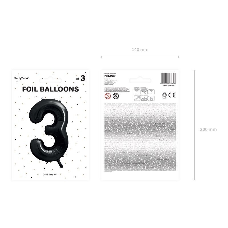 Folinis balionas "3" juodas, 86 cm 2 Folinis balionas "3" juodas, 86 cm 2