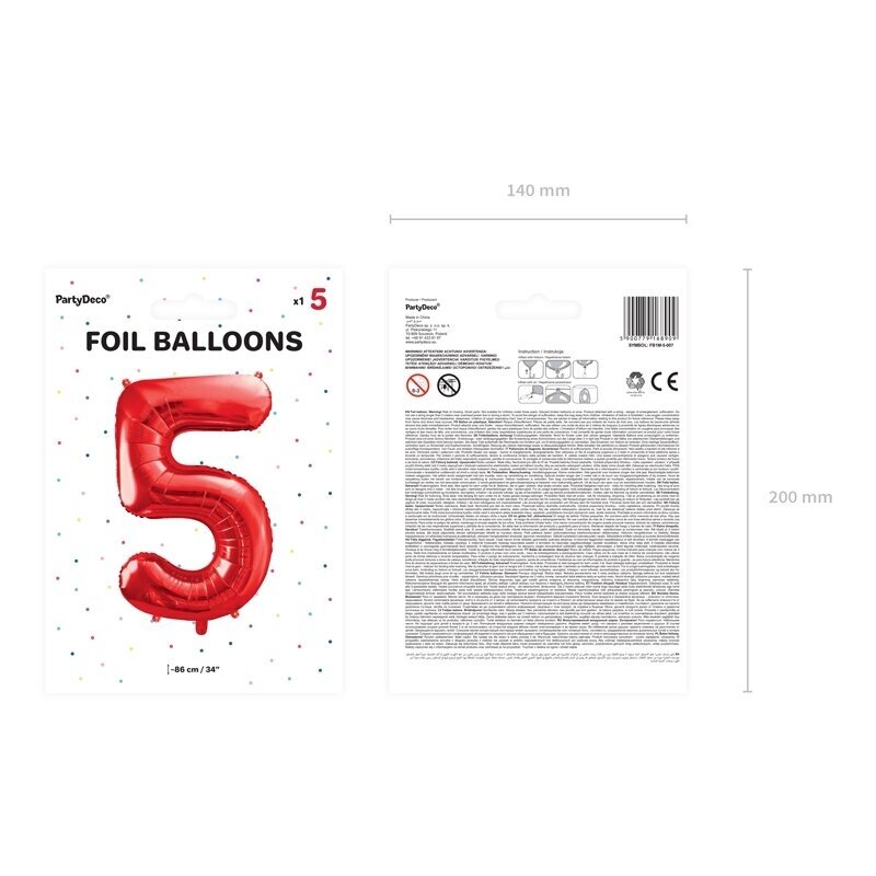 Folinis balionas "5" raudonas, 86 cm 2 Folinis balionas "5" raudonas, 86 cm 2