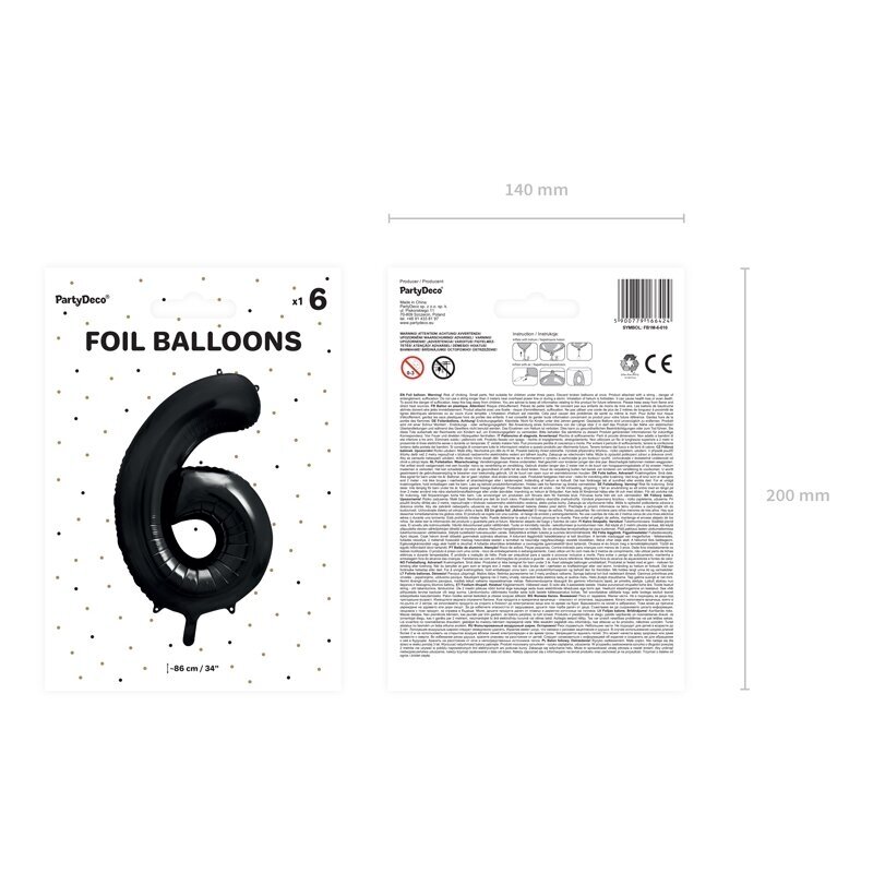 Folinis balionas "6" juodas, 86 cm 3 Folinis balionas "6" juodas, 86 cm 3