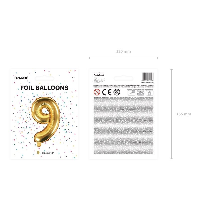 Folinis balionas "9" auksinis, 35 cm 2 Folinis balionas "9" auksinis, 35 cm 2