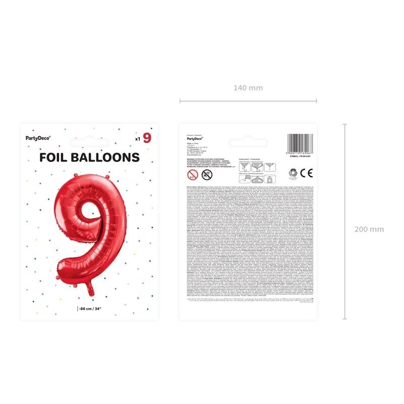 Folinis balionas "9" raudonas, 86 cm 2 Folinis balionas "9" raudonas, 86 cm 2
