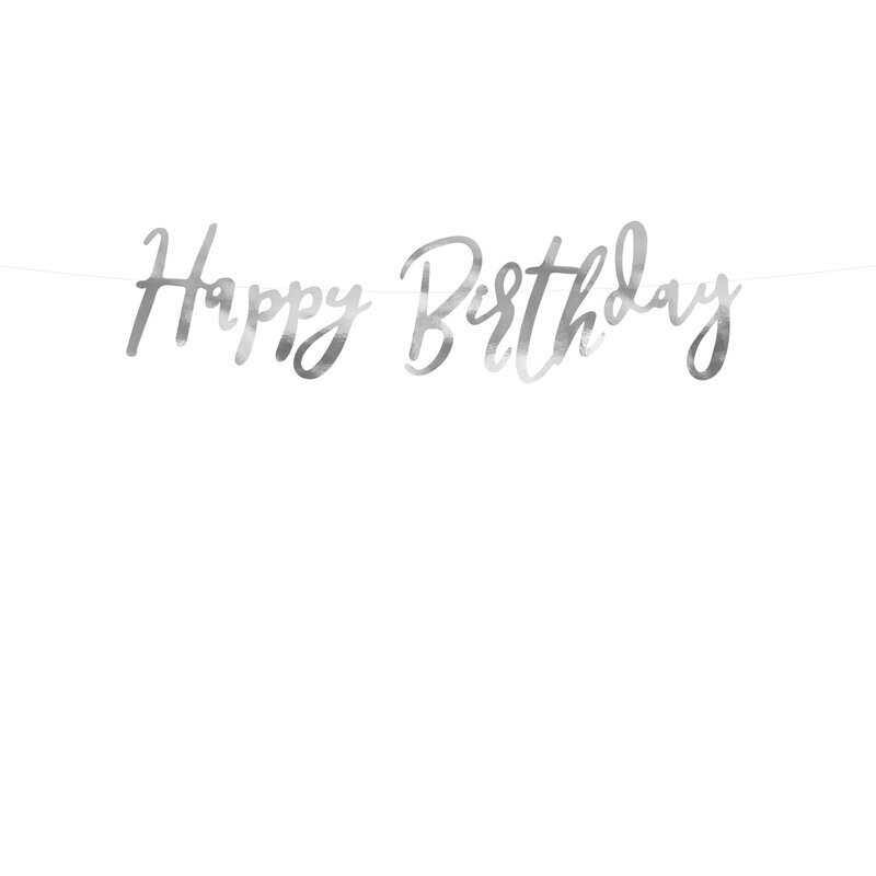 Girlianda Happy Birthday sidabrinė, 16.5x62cm Girlianda Happy Birthday sidabrinė, 16.5x62cm