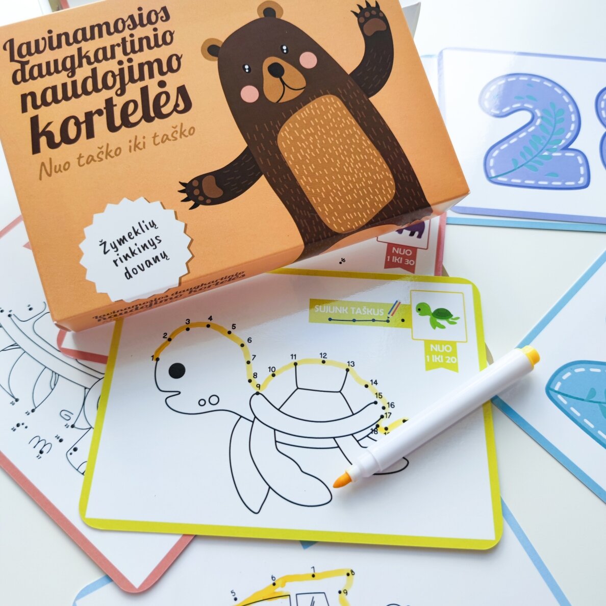 Lavinamosios daugkartinio naudojimo kortelės "Nuo taško iki taško" + žymeklių rinkinys 1