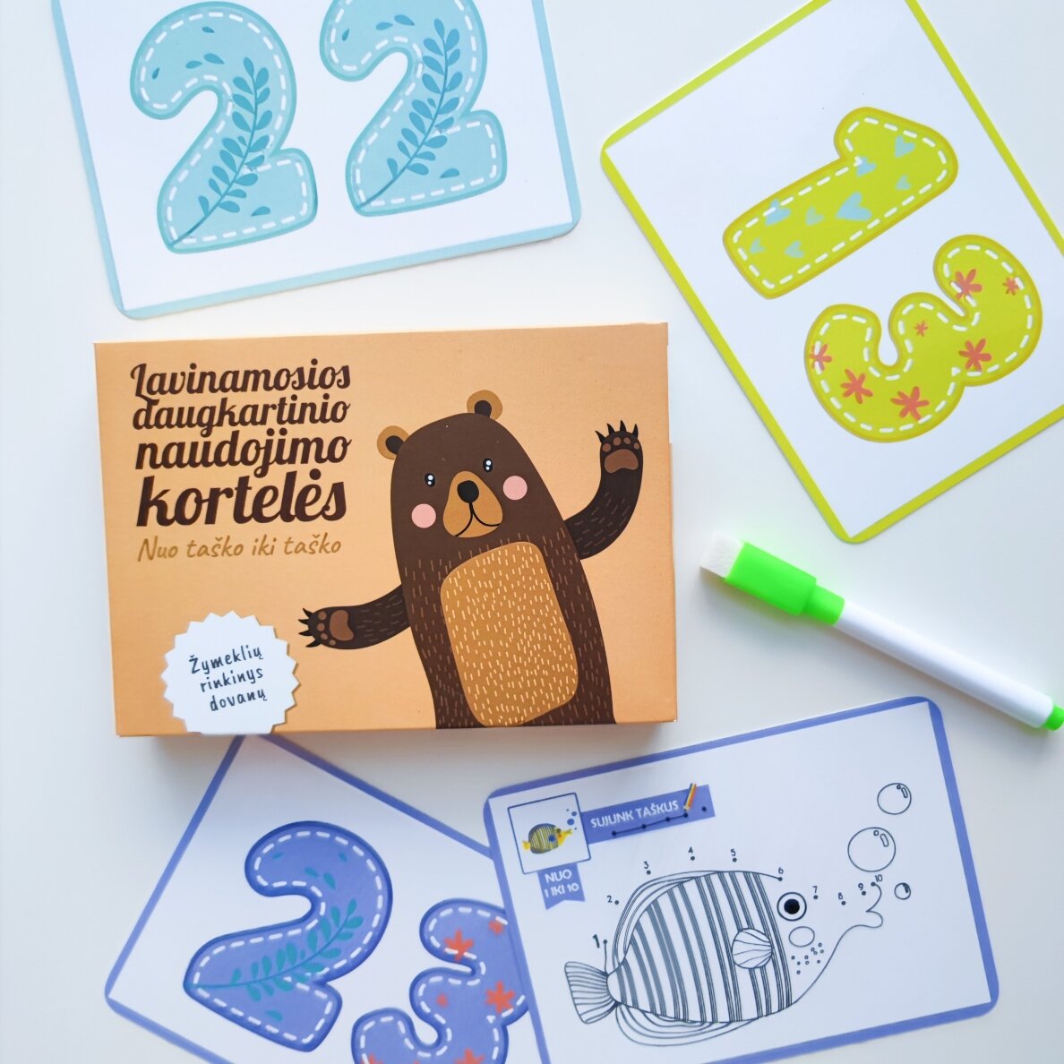 Lavinamosios daugkartinio naudojimo kortelės "Nuo taško iki taško" + žymeklių rinkinys