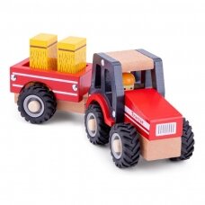 Medinis raudonas traktoriukas su priekaba