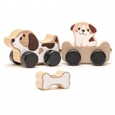 Medinis žaislas Šuniukai su ratukais