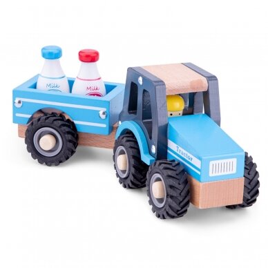 Medinis mėlynas traktoriukas su priekaba