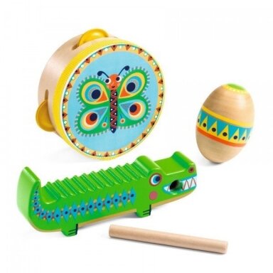 Muzikinių instrumentų rinkinys Djeco: tamburinas, marakasas, guiro 18mėn+ Muzikinių instrumentų rinkinys Djeco: tamburinas, marakasas, guiro 18mėn+