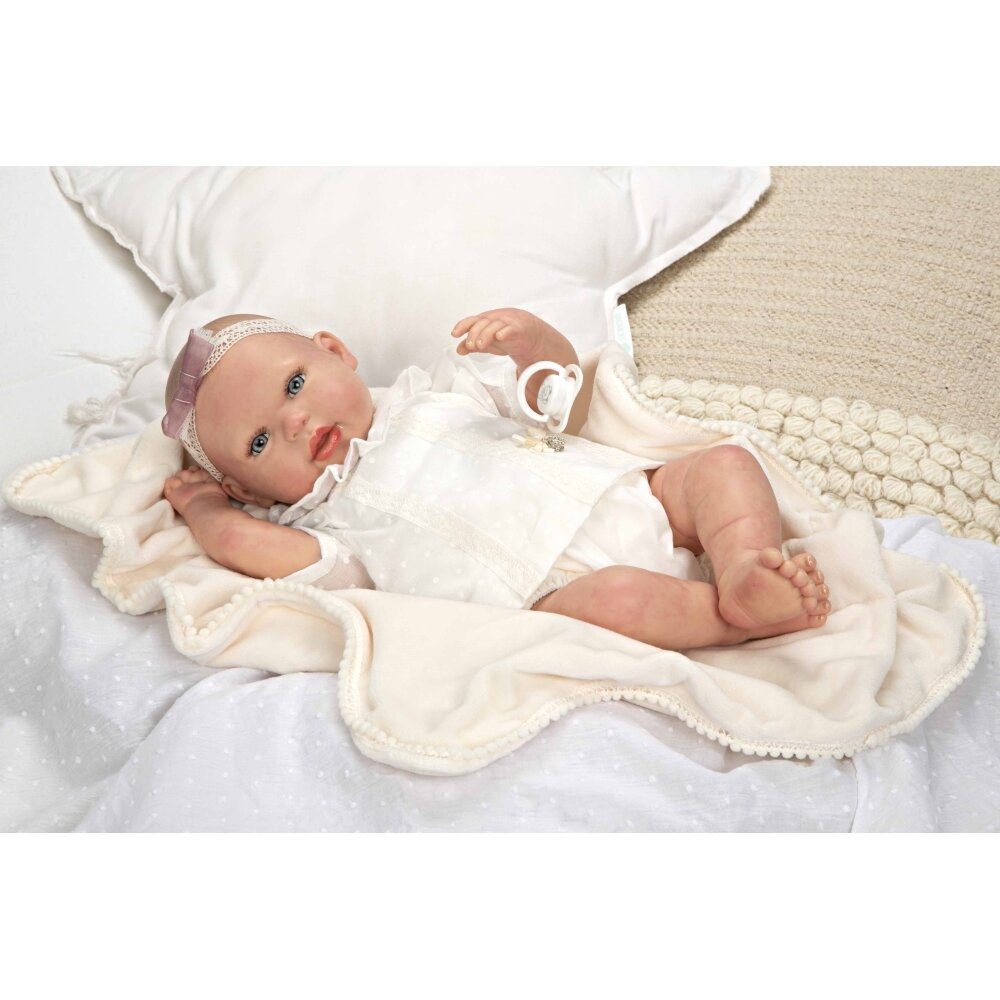 Reborn lėlytė baltais rūbeliais, mergaitė, 45 cm Reborn lėlytė baltais rūbeliais, mergaitė, 45 cm