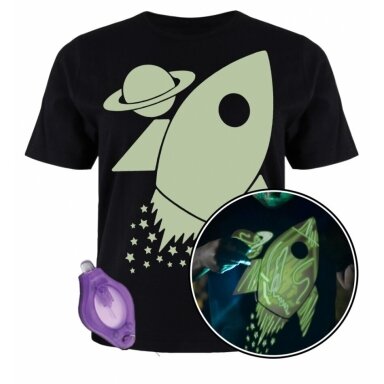 Splat Planet šviečiantys tamsoje marškinėliai, Kosmose Splat Planet šviečiantys tamsoje marškinėliai, Kosmose